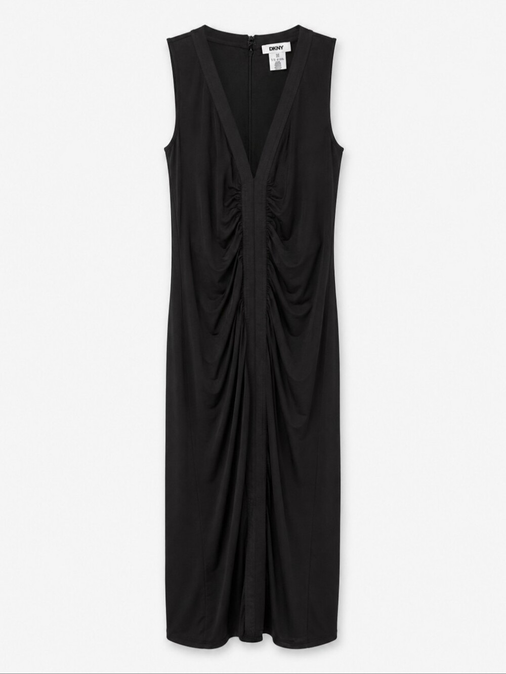 DKNY Black Ruched Midi Dress Sleeveless V-Neck Size 10 Elegant Sheath Stretch